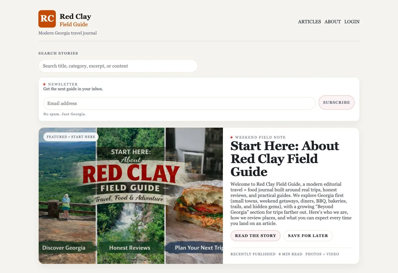 Red Clay Field Guide website homepage